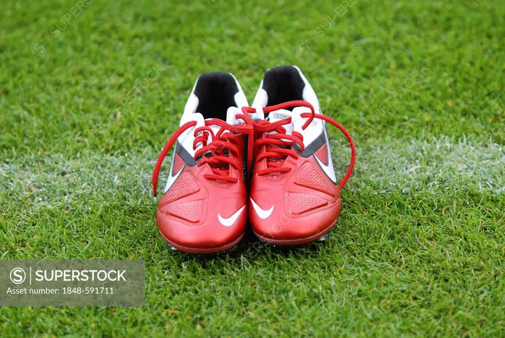 Red Nike football boots placed on the sideline, LIGA total! Cup 2011, Coface Arena, Mainz, Rhineland-Palatinate, Germany, Europe