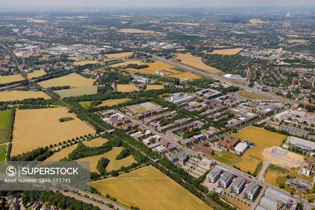 Aerial view, TechnologiePark, technology park, building plots along the Brennaborstrasse street, University of Dortmund, Autobahn, motorway, A45, A40,...