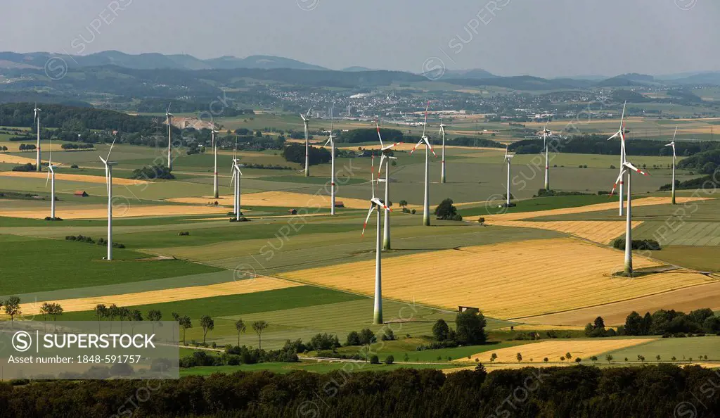 Aerial view, wind turbines, wind farm, Paderborn, Sauerland, North Rhine-Westphalia, Germany, Europe