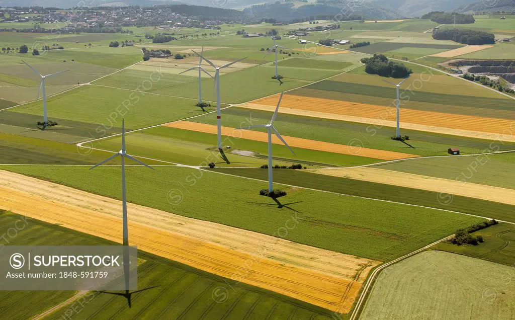 Aerial view, wind turbines, wind farm, Brilon, Sauerland, North Rhine-Westphalia, Germany, Europe