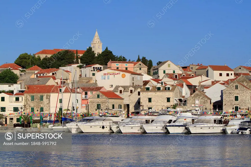 Marina with the town of Primosten, Dalmatia, Croatia, Europe, PublicGround