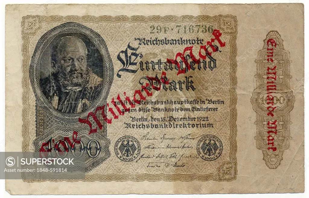 Front of a banknote, Reichsbank banknote, 1000 Marks, overprinted with 1 Billion Marks, 1922, inflation money, Germany, Europe