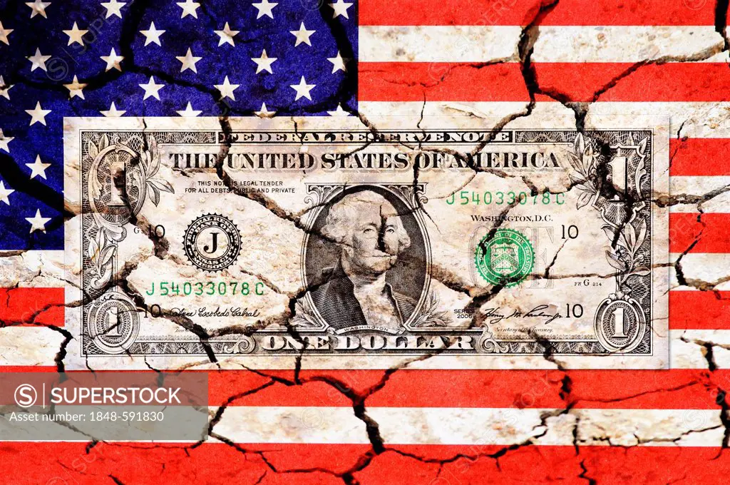 One dollar bill on a US flag with cracks, symbolic images for US national debt