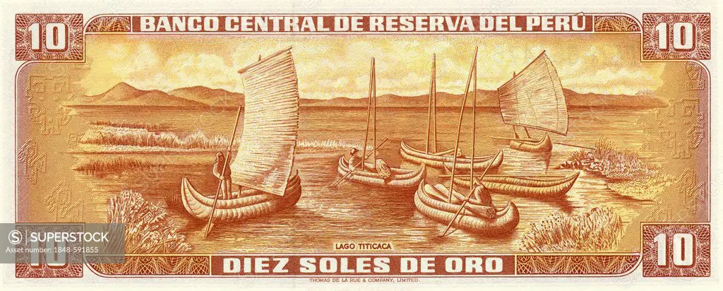 Banknote, Peru, 10 sol, boats made from totora reeds on Lake Titicaca, 1976
