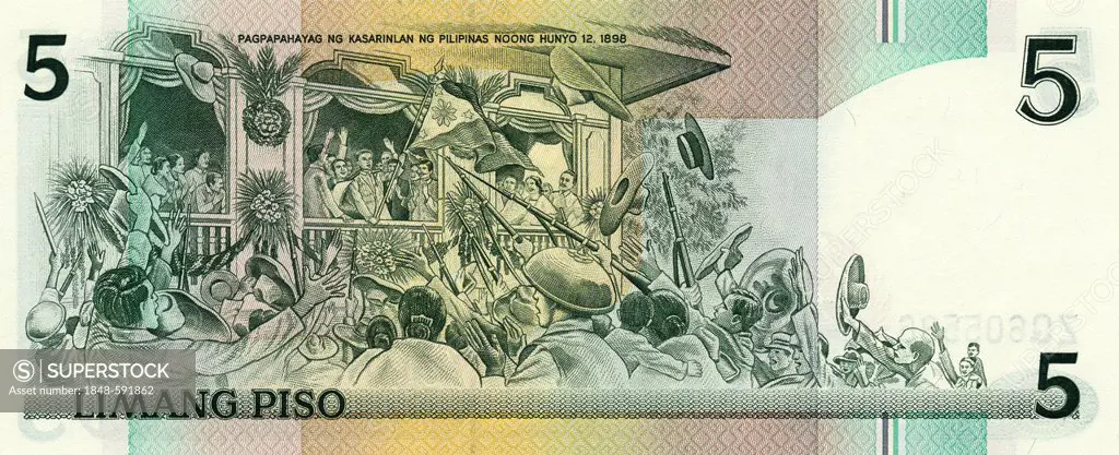 Banknote from the Philippines, 5 Pesos, Piso, Emilio Aguinaldo y Famy, Declaration of Independence, 2006