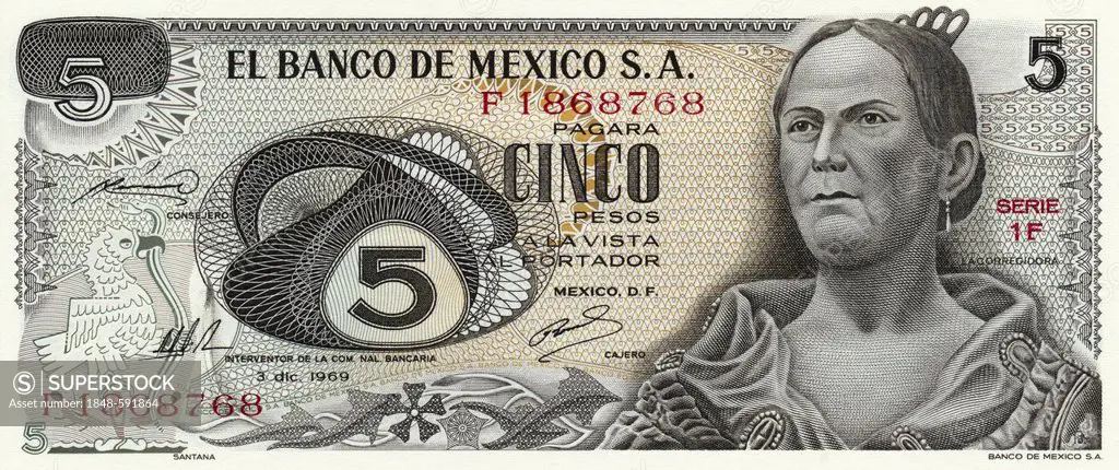 Banknote, 5 Peso, Mexico, the national heroine Josefa Ortiz de Domínguez or La Corregidora, 1969