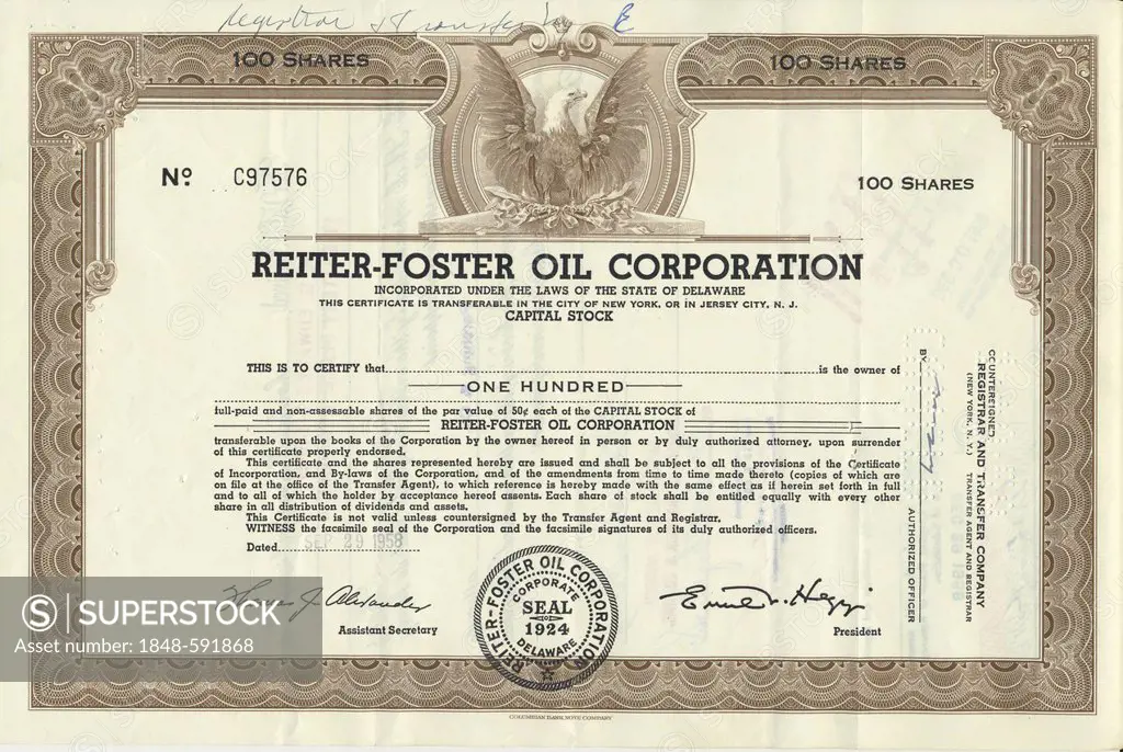 Historical stock certificate of an oil and gas company, Reiter-Foster Oil Corporation, Delaware, USA, 1958