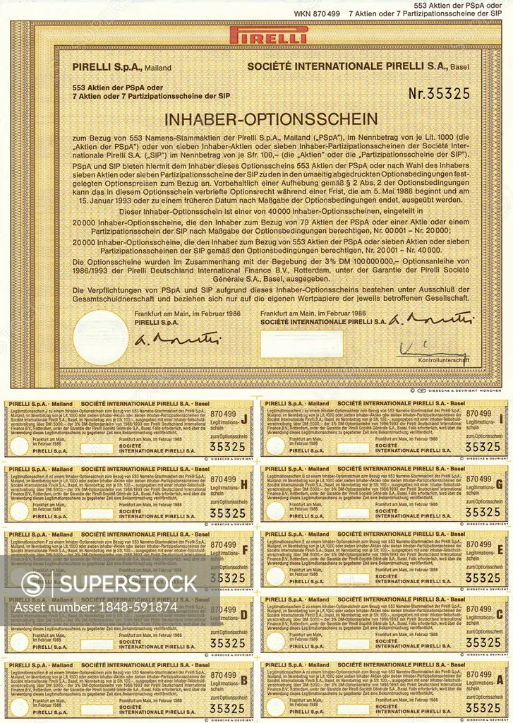 Securities certificate, bearer warrant, Swiss francs or Italian lire, Pirelli S.p.A., PspA, Milan, Italy, or Societe Internationale Pirelli S. A., SIP...