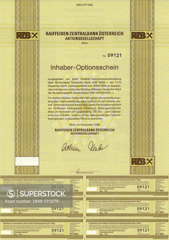Securities certificate, bearer warrant, Austrian schilling, German mark, Raiffeisen Zentralbank Austria Aktiengesellschaft, Vienna, Austria, Europe, 1...