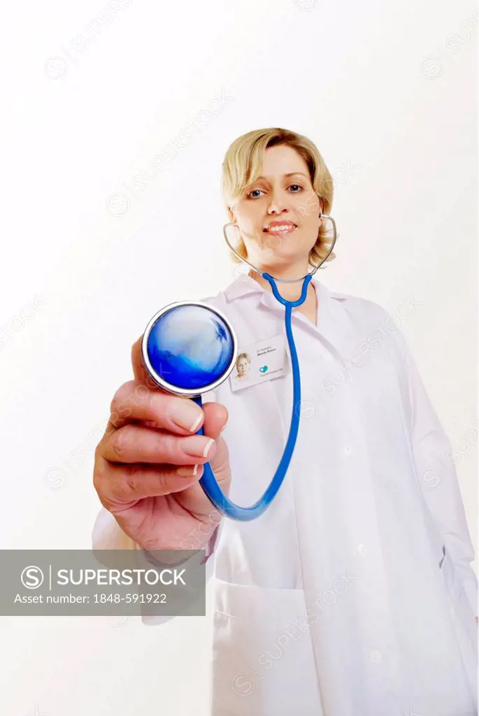 Female doctor, 30-40 years, holding a stethoscope to the front