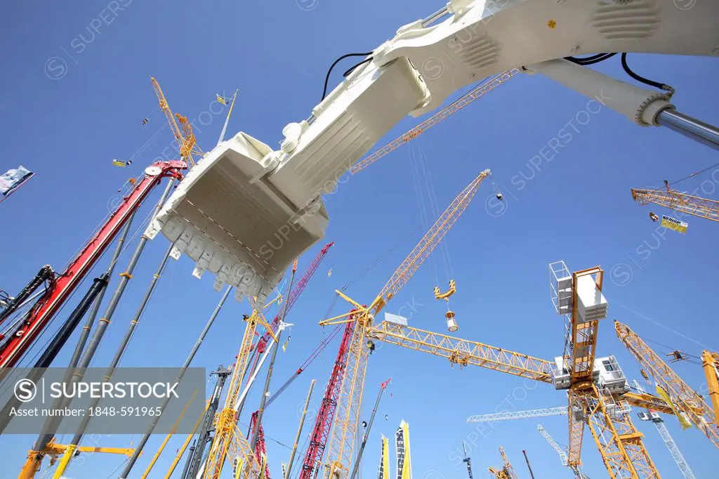 Construction site equipment, excavator, cranes