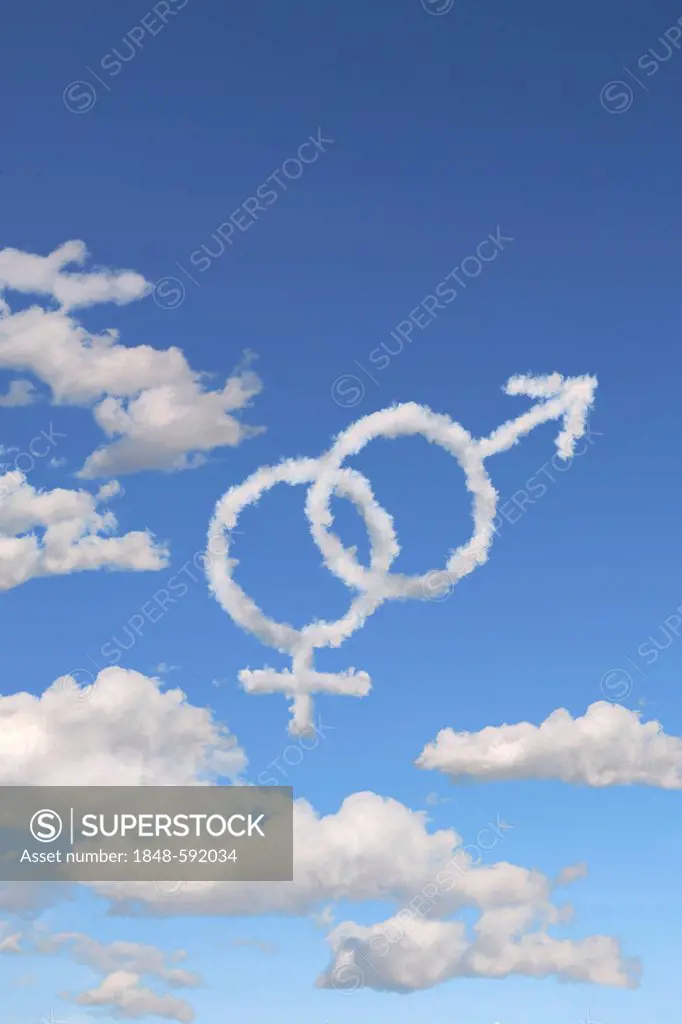 Blue sky, clouds shaped like a Mars symbol and a Venus symbol, illustration