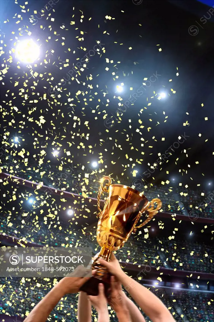 Trophy, football stadium, cheering, arms, confetti, stands