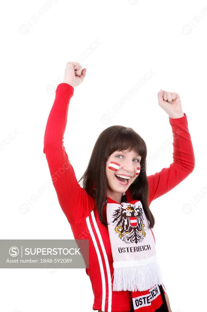 Young woman, football fan with a painted face, Austrian national flag, wearing a football scarf