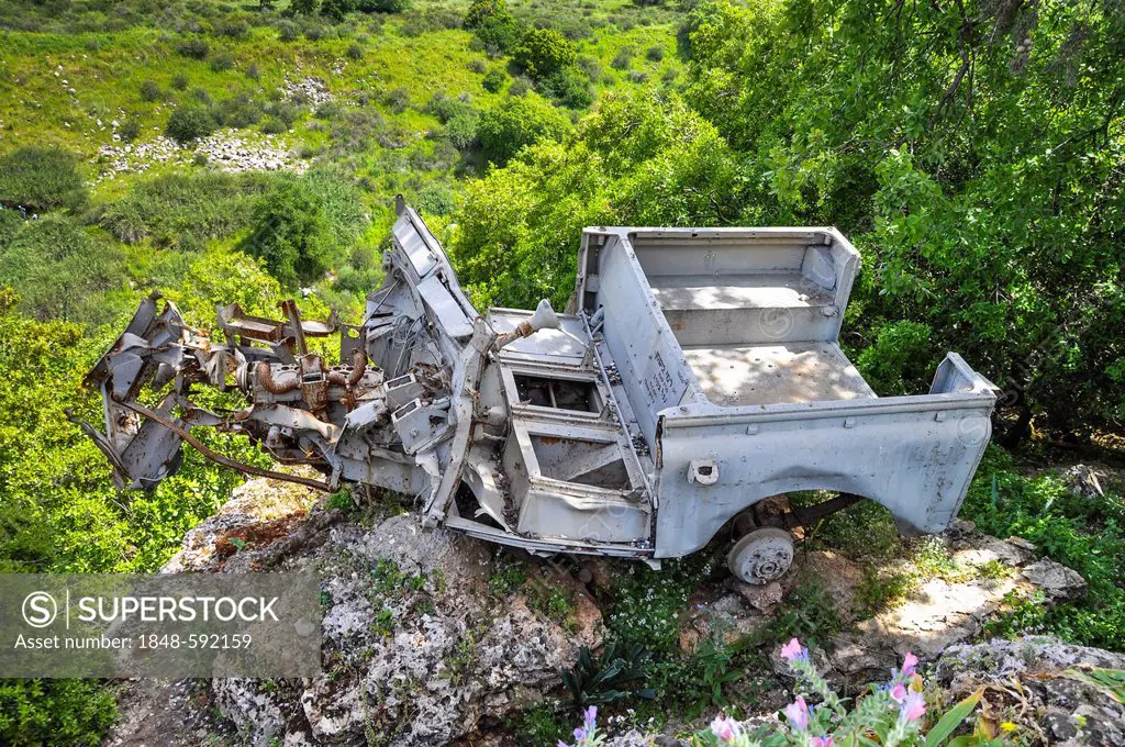 Wreckage of an all-terrain vehicle as a memorial to the Six Day War, Banyas, Banias or Banjas Nature Reserve, Israel, Middle East, Southwest Asia, Asi...