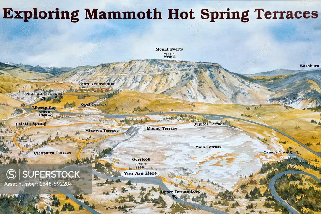 Information board at the Mammoth Hot Spring Terraces, Yellowstone National Park, Wyoming, USA