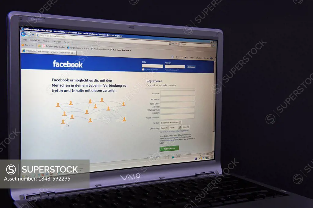 Website, Facebook webpage on the screen of a Sony Vaio laptop, a social network service