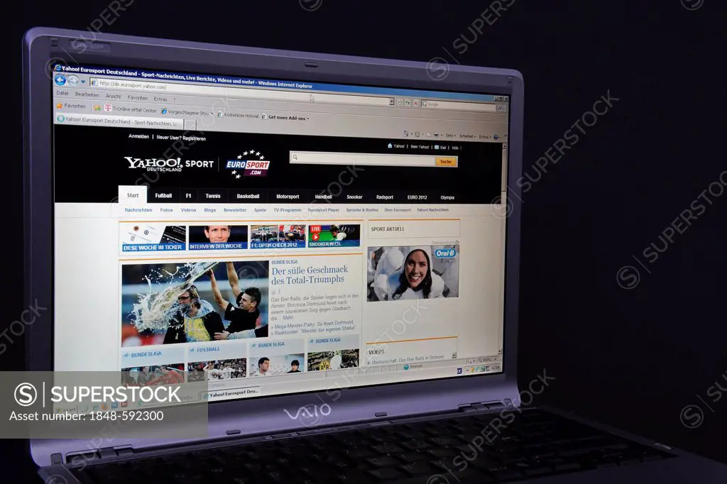 Website, German Eurosport webpage on the screen of a Sony Vaio laptop, a television channel
