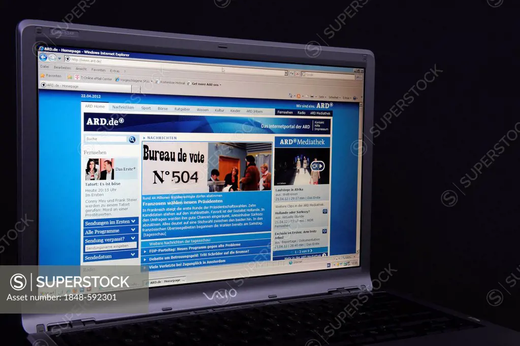 Website, ARD webpage on the screen of a Sony Vaio laptop, a German television channel