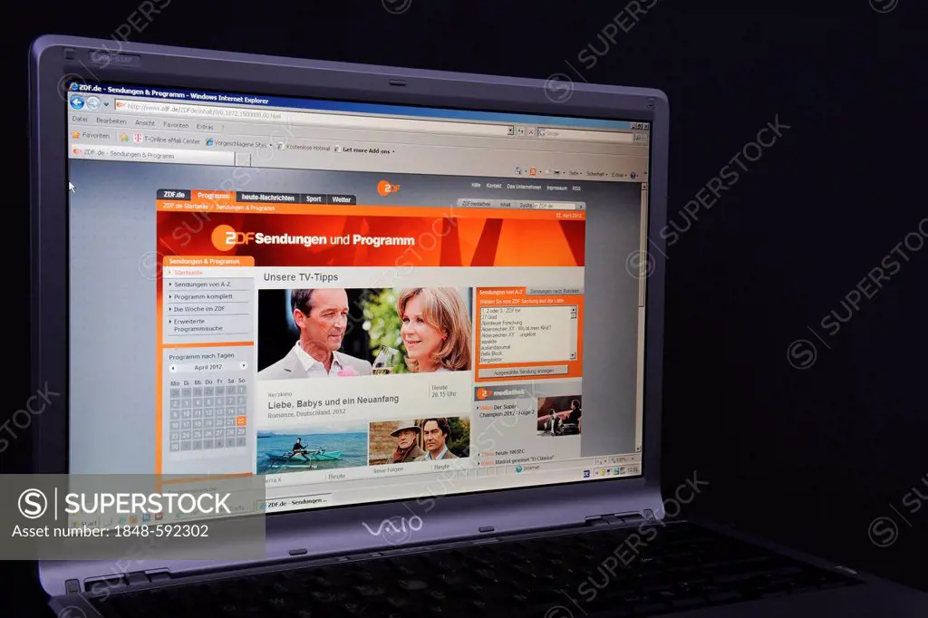 Website, ZDF webpage on the screen of a Sony Vaio laptop, a German television channel