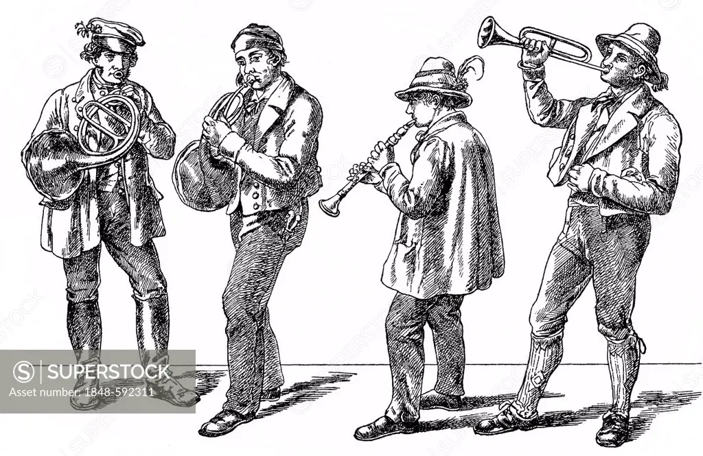 Historical drawing from the 19th Century, peasant musicians, folk music from the 19th Century