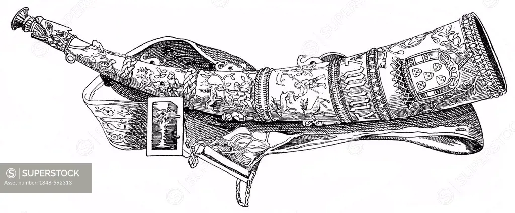 Historical drawing from the 19th Century, ivory horn, 12th Century