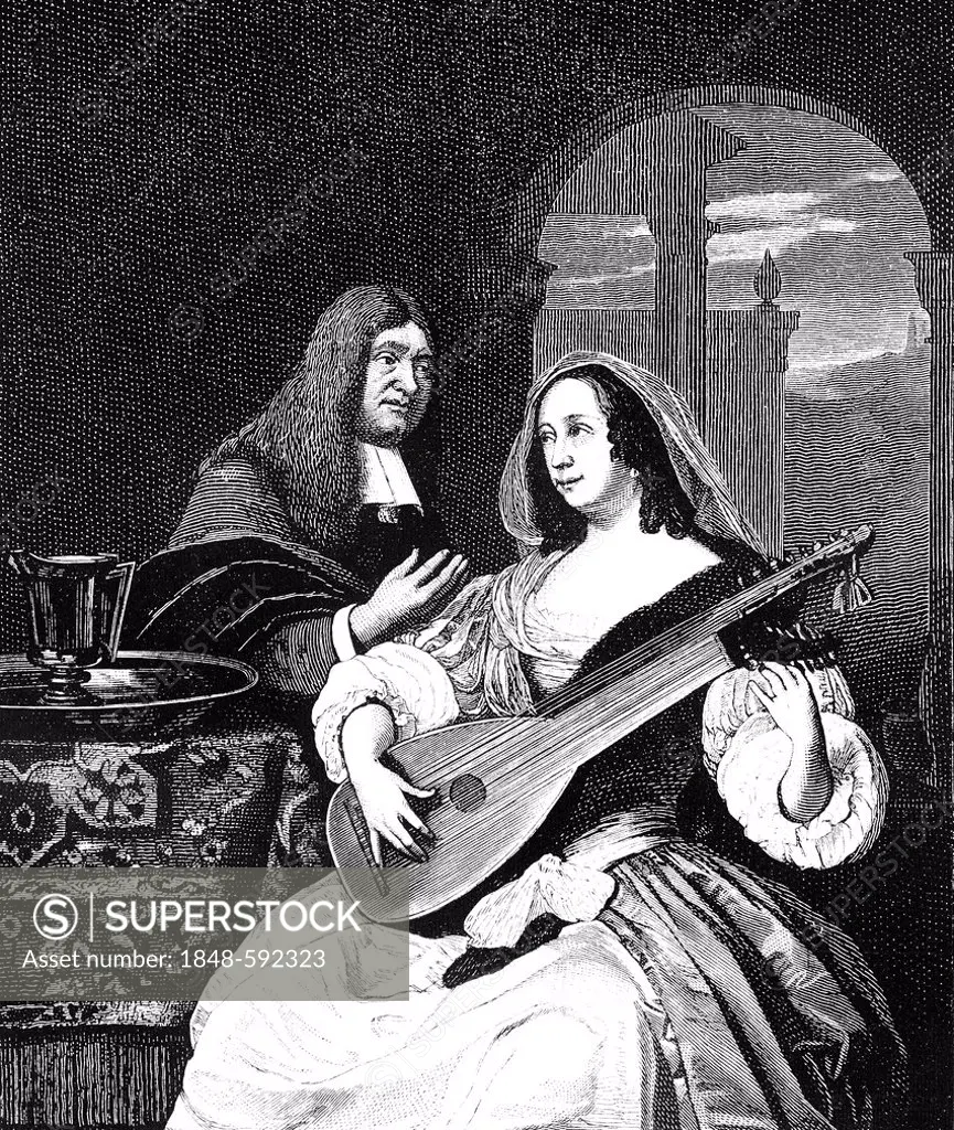 Historical drawing from the 19th Century, Venetian lute player after painting by Frans van Mieris, 1664