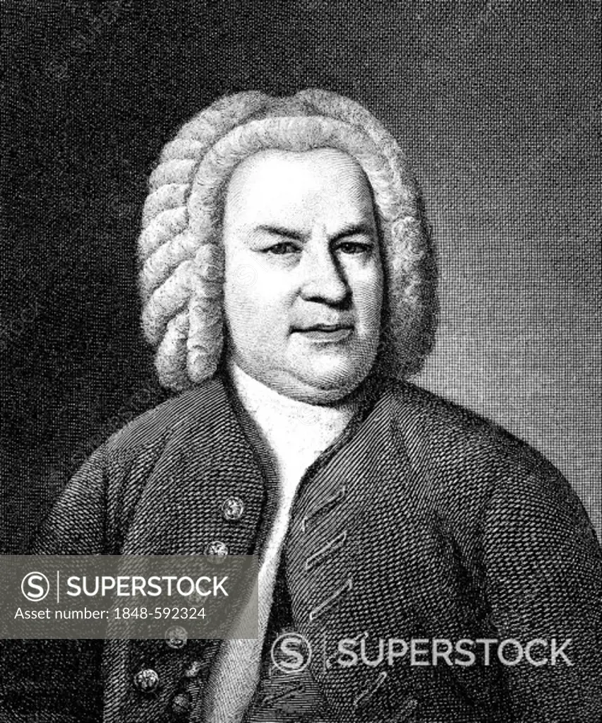 Historical drawing from the 19th Century, portrait of Johann Sebastian Bach, 1685-1750, German composer, organ and piano virtuoso of the Baroque