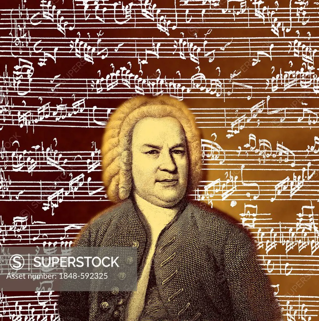 Piano Fantasia in C minor, sheet music manuscript and portrait of Johann Sebastian Bach, 1685-1750, German composer, organ and piano virtuoso of the B...