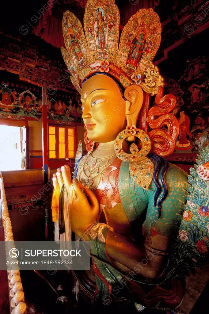 Buddha statue, Maitreya, Yellow Hat Tikse, Thiksey or Thikse Monastery, Ladakh, Jammu and Kashmir, Indian Himalayas, North India, India, Asia