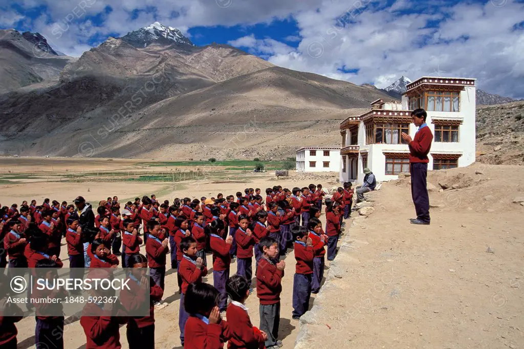 Children and young people at the morning roll call, Jamyang Ling School and boarding school in Reru or Raru, near Padum, Zanskar Valley, Zanskar, Lada...