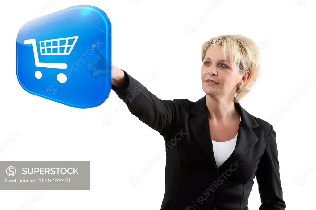 Woman using a virtual icon, interactive user interface, symbolic image for virtual work