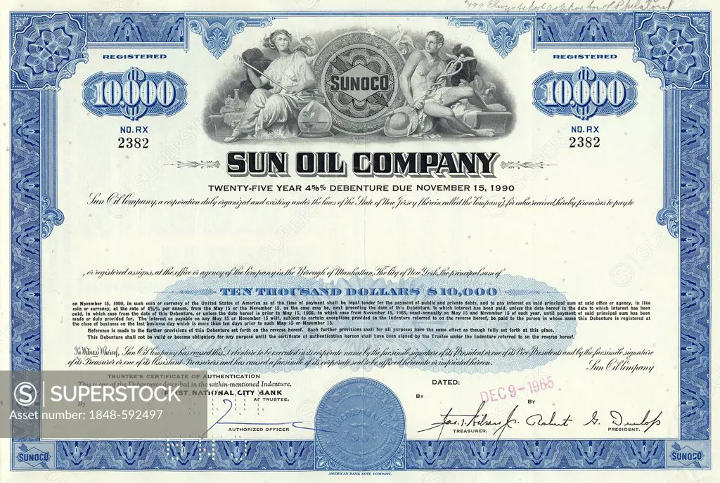 Historical stock certificate of an oil and gas company, Sun Oil Company, Ohio, USA, 1965