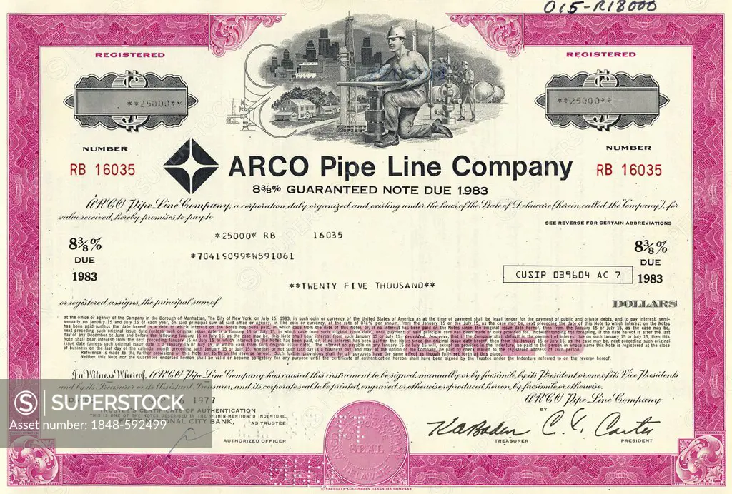 Historical stock certificate of an oil and gas company, design showing a man opening a valve of a pipeline in front of oil derricks, oil tanks and a c...