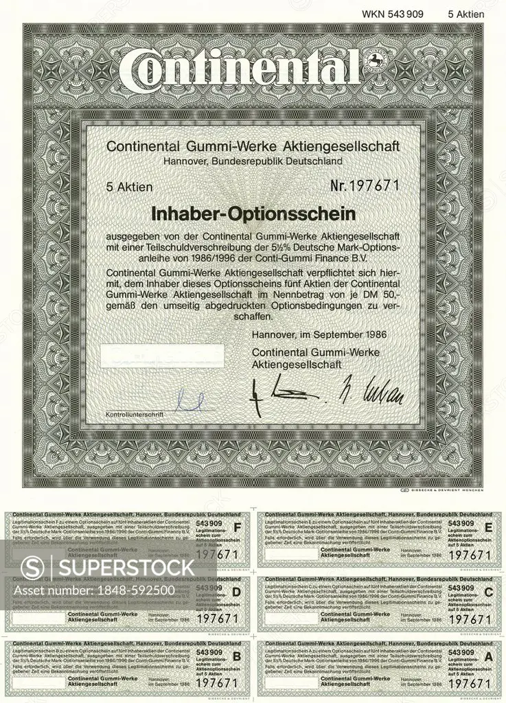 Securities certificate, bearer warrant for 5 shares, German marks, tyre manufacturer, Continental Gummi-Werke Aktiengesellschaft, Hannover, Germany, E...