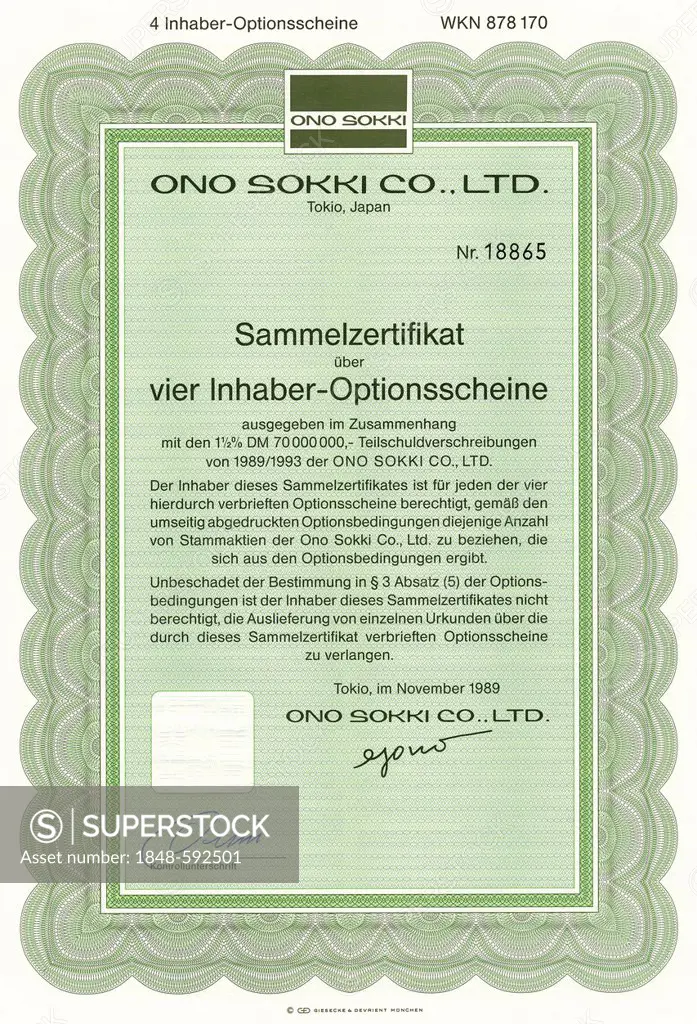 Securities certificate, bearer warrant, Japanese yen, German mark, manufacturer of electronic equipment, instrumentation and control technology, Ono S...