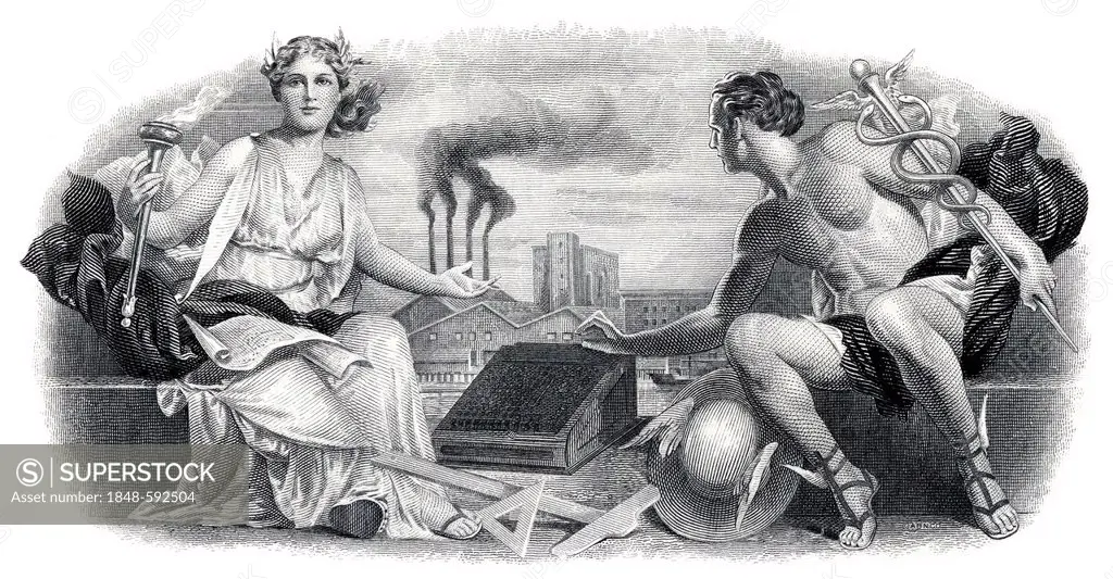 Detail of the illustration in the vignette of a historical stock certificate, design showing the Greek gods Olympia and Hermes sitting with a mechanic...