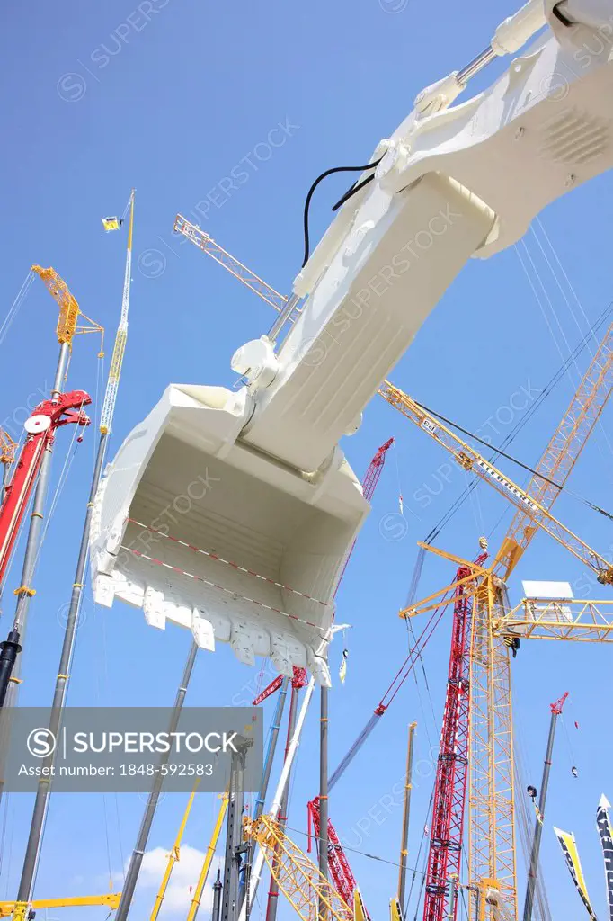 Construction site equipment, excavator, cranes