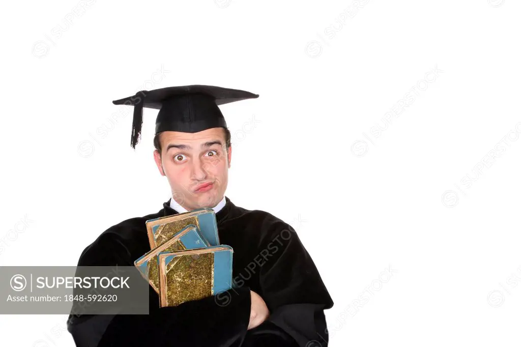 Student wearing a graduation cap and looking skeptical
