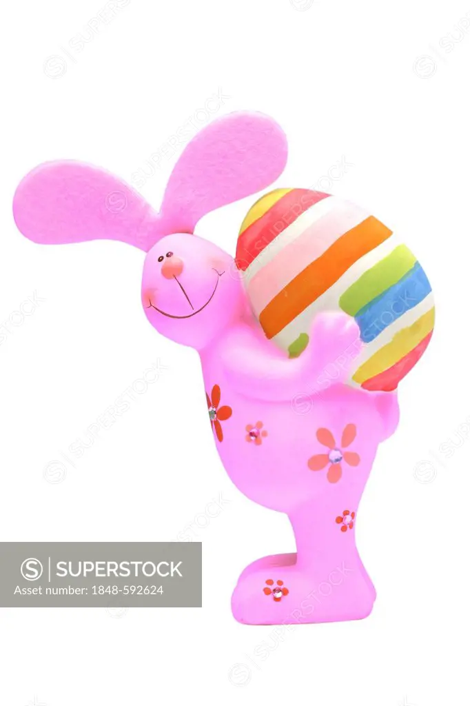 Easter bunny carrying a multicolored Easter egg