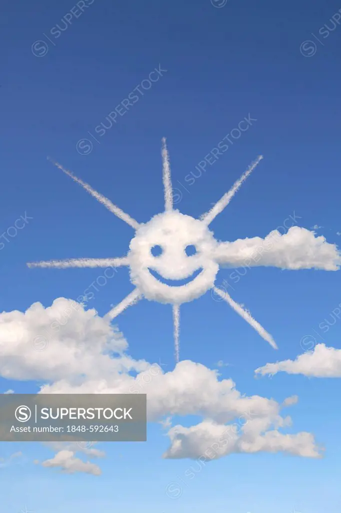 Blue sky, clouds shaped like a sun, illustration