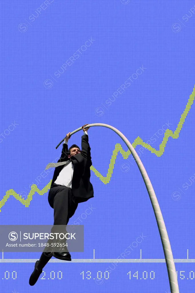Businessman pole vaulting over a stock course, symbolic image