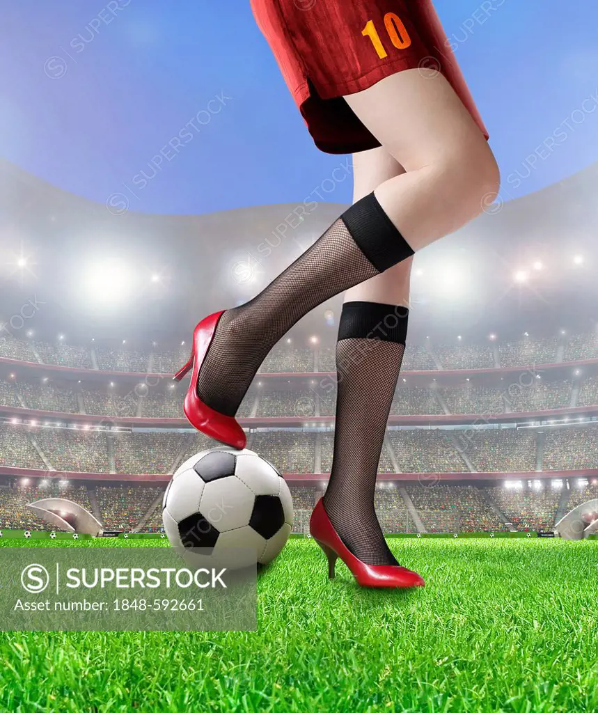 Woman's legs wearing high heels, sexy, on a soccer ball at a football stadium, illustration