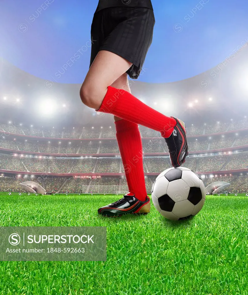 Legs of a female soccer player on a soccer ball at a football stadium, illustration
