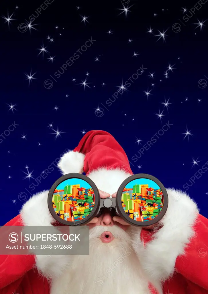 Santa Claus looking surprised through a pair of binoculars towards a mountain of gifts, composing