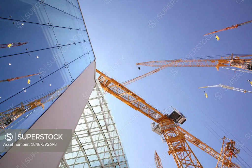 Cranes, glass facade