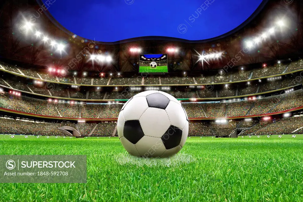 Soccer ball, soccer stadium, lawn, grand stand