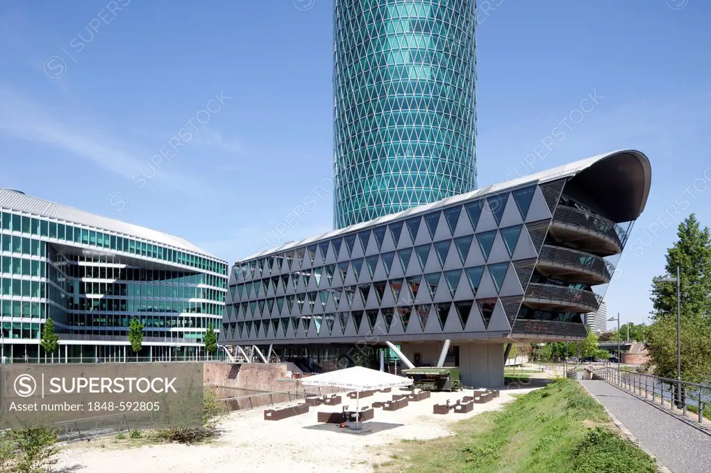 Brueckenhaus office building and Westhafen-Tower, Westhafen, Frankfurt am Main, Hesse, Germany, Europe, PublicGround
