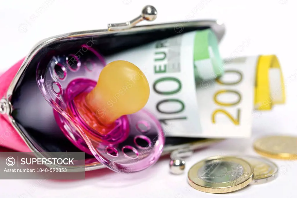 Pacifier or dummy and wallet with euro banknotes, symbolic image for child care subsidies