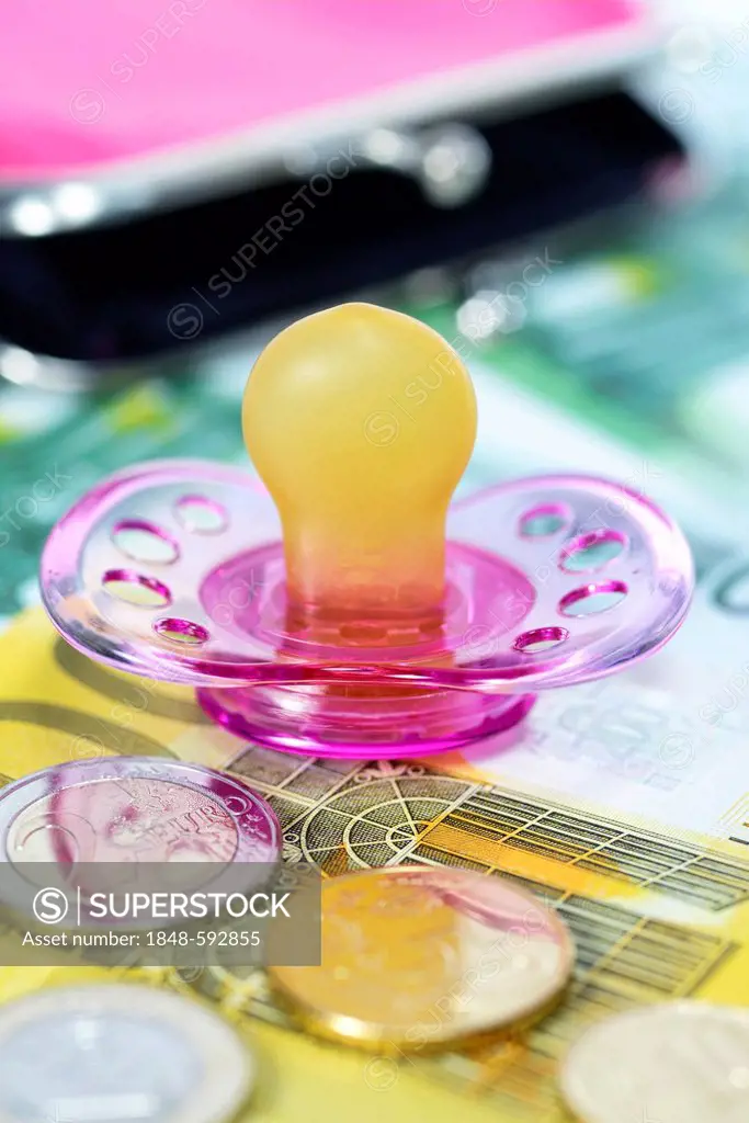 Pacifier or dummy and wallet with euro banknotes, symbolic image for child care subsidies